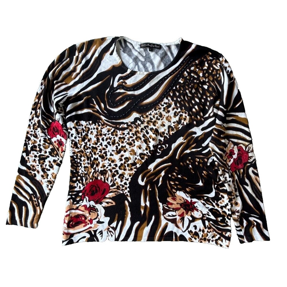 Pierre‎ New York dress top Women's L Floral Tiger Print Crew Neck Long Sleeve